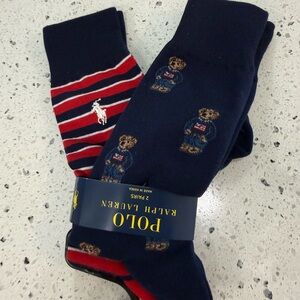 New mens Polo by Ralph Lauren Navy & Red Bear and Stripe Sock Set